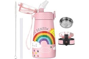OLDLEY 350ml/12oz Borraccia per Bambini in Acciaio Inossidabile con Cannuccia per Scuola con 2 Diversi Coperchi Bottiglie d'acqua Isolate Sottovuoto in Metallo Fiaschetta per Bevande Fredde Calde Senza BPA