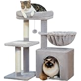 PAWZ Road Cat Scratching Post Small Cat Tower [73 cm] with Large Hammock 2 Types of Cat Activity Tree with Sisal Cat Scratching Post Interactive Danging Ball for Indoor Cats Grey