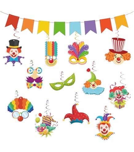 12PCS Guirlande à Spirales Tourbillons à Plafond Guirlande Suspendu avec Carte Motif Clown Decoration pour Carnaval Fête Party Festivals