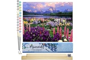 Figured'Art Dipingere con i Numeri - Paint by Numbers Fiori E Lago Vicino Alla Montagna, Passatempo per Adulti, Kit Completo, Hobby Creativi - 40x50cm cornice in legno fai da te