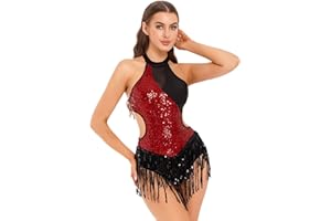 Jowowha Womens Sparkly Sequin Fringe Leotard Bodysuit Ballroom Latin Dance Costume Flowy Tassel Fringe Dancewear
