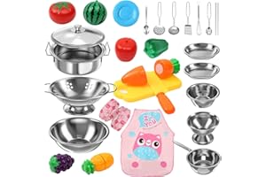 Kinderküche Zubehör,Elekin Küchenspielzeug Zubehör Lebensmittel Spielküche Edelstahl Kochset Kinderspielzeug Töpfe Puppenküche Zubehör Küche Spielzeug für Kleinkinder Jungen Mädchen Kochset Kinder