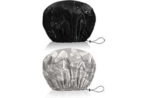 BHAHB 2 Stück Duschhaube, Doppelschicht Wasserdicht Elastisch Einstellbar shower cap wiederverwendbar,ästhetisch,niedlich Duschhaube für Damen (V15-Schwarz/Weiß Schmetterling)
