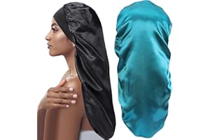 JEFHOMKIT 2 Stück Lange Satin Haarhaube,Satin Schlafmütze für Damen,Satin Haube Schlafmütze für Langes Lockiges Haar Schutz,Frauen Seide Nachtmütze zum Schlafen,für die Haarpflege (Schwarz+Blau)