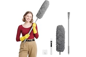 Zikenis Plumeau Poussière,Plumeau Télescopique 245 cm,Lavable Parfait avec Poignée en Acier Inoxydable,Télescopique en Microfibre à Manche Long,pour plafonds,Toiles d'araignée - Gris
