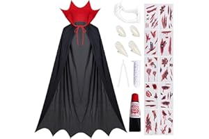 Tankermo Vampir Kostüm Kinder mit Gothic Kragen,Mittelalter Halloween Vampirumhang Kinder mit 3 Typen Vampirzähne & Kunstblut & Tattoo Set,Dracula Kostüm Vampir Umhang Karneval