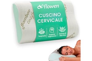 Flowen Cuscino Cervicale Memory Foam per Dormire Ortopedico Aloe Vera Guanciale a Doppia Onda Ideale per Supporto al Collo Ergonomico Traspirante Antirussamento Anallergico Federa Bamboo Lavabile