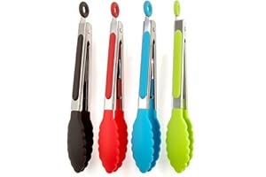 ZHIYE Kitchen Tongs, Set of 4, 7” Non-Slip Stainless Steel Tongs with Locking Clip for Cooking, BBQ, Serving, Heat Resistant, Food Grade