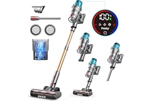 ‎FIEETY Akku Staubsauger 550W/45KPa, 60 Mins Laufzeit, Staubsauger Kabellos mit Aufstellfunktion, Wandhalterung mit integrierter Ladestation, Touchscreen, Anti-Haarbürste für Hartböden, Teppiche und Tierhaare