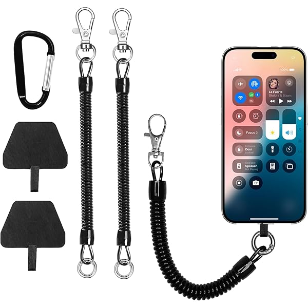 Chaîne De Téléphone Portable Avec Câble Spiralé Flexible, Universelle Lanières Telephone Portable Antivol Avec 2 Inserts Patchs, Porte-Clés Longe Compatible Avec La Plupart Des Smartphones, Noir