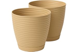 Home Garden Ornaments Large Plant Pots Indoor – Set of 2 Plastic Flower Pots with Saucer and Drainage Holes, Decorative 3D Wave Design (Beige, 23cm / 9 inch)