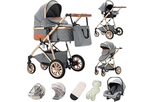 Kakbgee Poussette Combinée 3 en 1, Poussettes Citadines Avec Siège Auto, Poussette Poignée Réglable en Hauteur, Portable Poussette Canne Paysage Haut Cadre en Aluminium Pour Nouveau-né 0-3 years