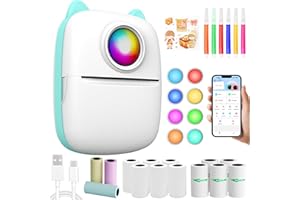 Hiyorsoa Sticker Printer with 14 Rolls Paper,Bluetooth Mini Printer,Portable Inkless Thermal Printer,Wireless Pocket Printer,Label Machine for Android/ios Notes,Memo,List,DIY Gift for Kids
