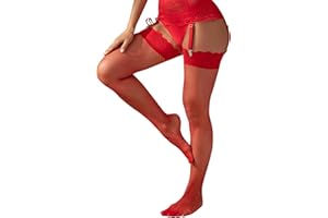 ohmydear Bas pour Porte-Jarretelles femme Dentelle Résille Bas porte jarretelles Femme Chaussettes en Filet de Nylon Grande Taille Noir Blanc Rouge Grande Taille avec bande de Silicone