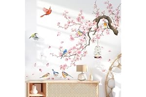 wondever Cherry Blossom Flowers Wall Stickers Pink Floral Tree Branch Birds Peel and Stick Wall Art Decals for Living Room Bedroom TV Wall