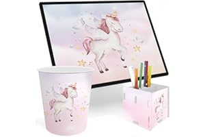 itenga SET Papierkorb Schreibunterlage und Stifteköcher mit Motiv - Papierkorb für Kinder mit Motiv - rund ca. 11 Liter passende Schreibtischunterlage und Schreibtisch Organizer (Motiv Einhorn)