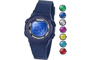 SOCICO Montre numérique pour Enfants, résistante à l'eau 5ATM, 7 Couleurs Lumineuses avec Alarme et chronomètre pour Filles et garçons âgés de 5 à 12 Ans.