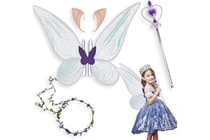 May Huang 4-częściowy kostium motylkowy dla dziewczynki, skrzydła wróżki, sukienka karnawałowa z uszami elfa, girlanda i różdżka, kostium wróżki, bajkowe skrzydła