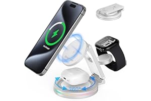 BingoHive 3 in 1 drahtlose Ladestation für iPhone & Apple Watch & AirPods, 360 rotierende 15W Schnellladestation kompatibel mit iPhone 12-16 Serie Zinklegierung Faltbarer Ladestation mit Magnet