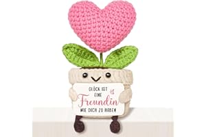 ‎GIFTASY Giftasy Geschenke Freundin - Handgemachte gehäkelte Herzblume mit Energiekarte, Geschenk Freundin Geburtstag, Weihnachten Geburtstagsgeschenk