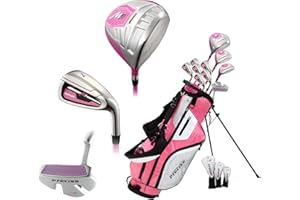 PreciseGolf Co. Precise M5 Ladies Golf Club Set Complete Right Handed Including Titanium Driver, S.S. Fairway, S.S. Hybrid, S.S. 5-Pw Iron, Putter, Stand Bag, 3H/C'S Pink