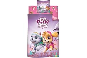 Aymax Parure de lit 3 Pièces Pat' Patrouille Rose - Housse de Couette 140x200 cm + Taie d'oreiller 63x63 cm + Drap-Housse Assorti 90x190 cm, avec Stella et Everest