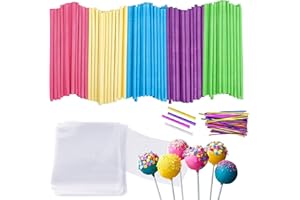 aghoer Cake Pop Régler, Colorés de 15 cm Pour Bâtonnets à Gâteaux, Desserts et Chocolats, 100 bâtonnets de gâteau, 100 sacs en cellophane transparents avec 100 attaches torsadées