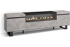 Skraut Home | Mobile TV Soggiorno | Ampio spazio a disposizione | 200x57x35cm | Per TV fino a 80" | Camino elettrico | Design industriale | Stile moderno | Cemento
