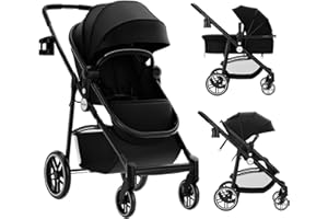 COSTWAY 2 in 1 Kinderwagen faltbar, Kombikinderwagen mit umkehrbarem Sitz & Liegefunktion, Reisebuggy mit verstellbarer Rückenlehne & Verdeck, tragbares Reisesystem für Baby bis 3 Jahren (Schwarz)
