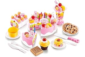 EPHIIONIY HenMerry 75PCS Birthday Cake Toy DIY Cutting Cake Play Set Kids Play Kitchen Food Pretend Play Cake Toy Best for Girls Birthday Party Gift ( 75PCS Pink)
