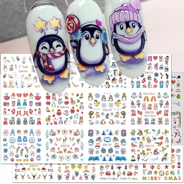 JMEOWIO Nagelsticker Weihnachten – 10 Blätter Mit Glitzer, Schneeflocken & Wintermotiven, Selbstklebend Für Nail Art