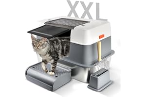 Bartuke Kuweta dla kota z pokrywą, XXL ze stali nierdzewnej kuweta dla dużych kotów 3-warstwowa wyjmowana kuweta z pokrywą i łopatką i pedałem, bezzapachowa, łatwa do czyszczenia, szara