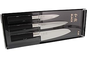 KAI Wasabi Black Ensemble de Couteaux - Couteau Utilitaire 10 cm, Couteau Utilitaire 15 cm, Santoku 16,5 cm - acier inoxydable poli 6A/1K6 58 (±1) HRC - noir - Fabriqué au Japon