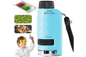 PKKP Microscopio de bolsillo para niños, 60 x 120 x microscopio de mano portátil con LED, miniscopio con 12 portaobjetos de microscopio, microscopio para niños, minimicroscopio para casa, escuela,