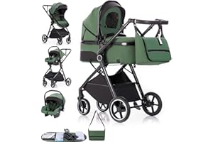 Gcarebb 3 in 1 Prams Travel System, Pushchair with Height Adjustable Handle, Travel Pram with Rain Cover, Baby Stroller with Aluminum Frame for Newborn