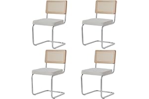 BenyLed Pack 4 Sillas de Comedor Estilo Nórdico Silla Escandinava; Sillas de Cocina Modernas con Respaldo de Madera Maciza de Ratán y Asiento Tapizado (Blanco Polar)