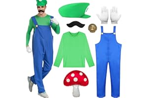 Marypaty Costume Mario Adulte Enfants Costume Mario-Bros avec Chapeau, Fête d'Halloween, Fête de Carnaval