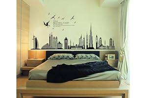 BPA ufengke® Ciudad Negro Silueta del Paisaje Urbano Rascacielos Pegatinas de Pared, Sala de Estar Dormitorio Removible Etiquetas de La Pared/Murales