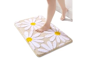 QJHOMO Beige Bath Mat White Flower Rug 40 x 60 cm, Non Slip Bath Mats for Bathroom, Soft Microfiber Bathroom Mat, Machine Washable Rug Durable Bathmat, Super Absorbent Floor Mat for Shower