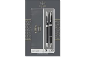Parker Sonnet Duo coffret-cadeau avec stylo bille et stylo roller | finition noire laquée avec attributs chromés | recharge et cartouche d’encre noire | coffret-cadeau