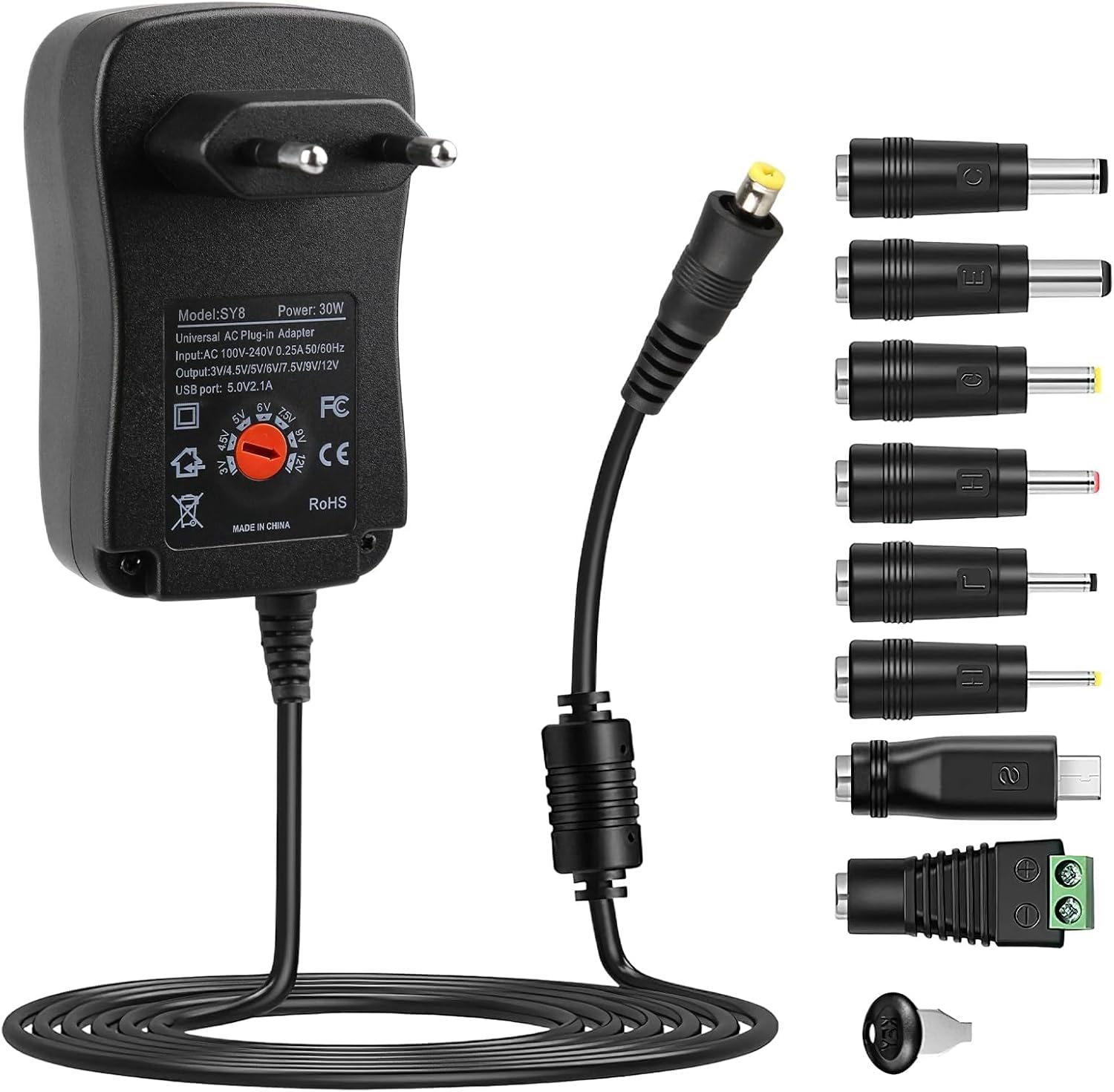 30W Adaptador Universal de 3V 4.5V 5V 6V 7.5V 9V 12V 2A AC/DC, Cargador Universal 30W 12V, 8 Puntas para Adaptador Corriente 30W Universal, Fuente-Adaptadora con Voltaje Múltiple para Router LCD