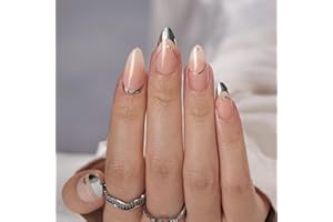 BTArtbox Press On Nails Almond - Silver Designs Stick on Nails Medium, Supremely Fit & Glossy False Nails with Glue in 15 Sizes - 30 Fake Nail Kit, Zoomers