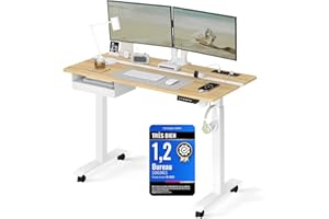 VASAGLE Bureau Électrique Réglable en Hauteur, Bureau Assis-debout, Multiprise, Tiroir, 60 x 120 cm, Réglable en Continu, Fonction Mémoire de 4 Hauteurs, Couleur Chêne Naturel et Blanc Nuage LSD112N01