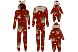 VIUNYCHN Weihnachten Schlafanzug Familie mit Reißverschluss Einteiler Nachtwäsche Kapuze Overall Hausanzug Kuschelig Eltern Kind Hausanzug Christmas Elchdruck Pyjamas Set Weihnachtsschlafanzüge @1