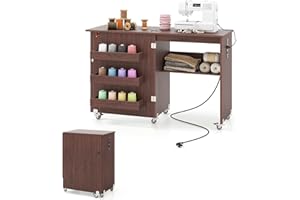 GIANTEX Armario de Costura Plegable con 5 Ruedas, Mesa de Coser con Estación de Carga, 3 Compartimentos y 1 Estante Abierto, para Dormitorio, Salón y Estudio (Marrón Oscuro, 116x41x78cm)