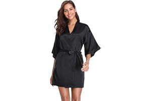 Vlazom Womens Kimono Robes Dressing Gown Satin Bathrobe Nightdress Short Style Bridal Robe with Oblique V-Neck