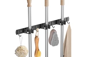 DBTW Accroche Balai Mural en Acier Inoxydable à 3 Positions, Organiseur de Rangement de Balai Multifonctionnel à 2 Modes d'Installation, Porte Balai avec Crochet Pour Cuisine Salle de Bain Jardin
