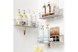 OriwarE Półka prysznicowa bez wiercenia, 3 sztuki, regał łazienkowy, organizer łazienkowy z 4 haczykami i 4 klejami (kolor srebrny)