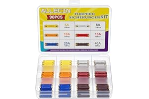 ALLECIN 6 Wert Torpedosicherungen Set 5A 8A 10A 16A 25A 40A Torpedo Sicherungen Keramik Keramiksicherungen Abschmelzsicherungen für Europäischen Oldtimer (Packung mit 90 Stück)