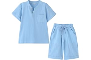 KISLOVE Jungen Sommer kleidung Henley Kragen Kurze Ärmel Hemd mit Shorts Baumwolle Leinen Set 2 Stück Kinder Lässig Outfits für 4-14 Jahre